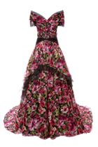 Pamella Roland Printed Mesh Organza Draped Gown