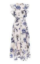 Lela Rose Ruffled Floral-print Silk-chiffon Midi Dress