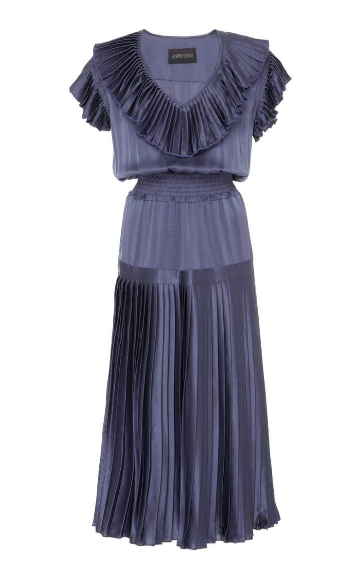 Amber Sakai Silk Pleated Midi Dress