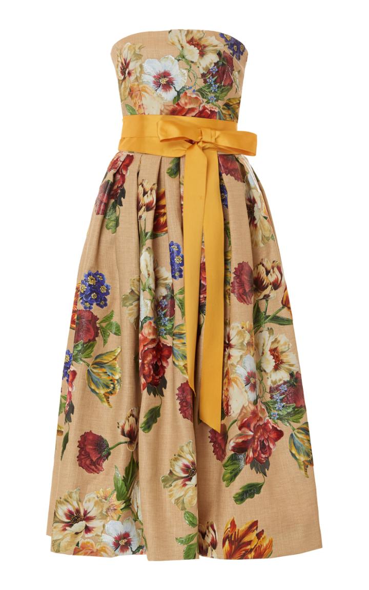 Dolce & Gabbana Strapless Structured Floral Print Rafia Dress