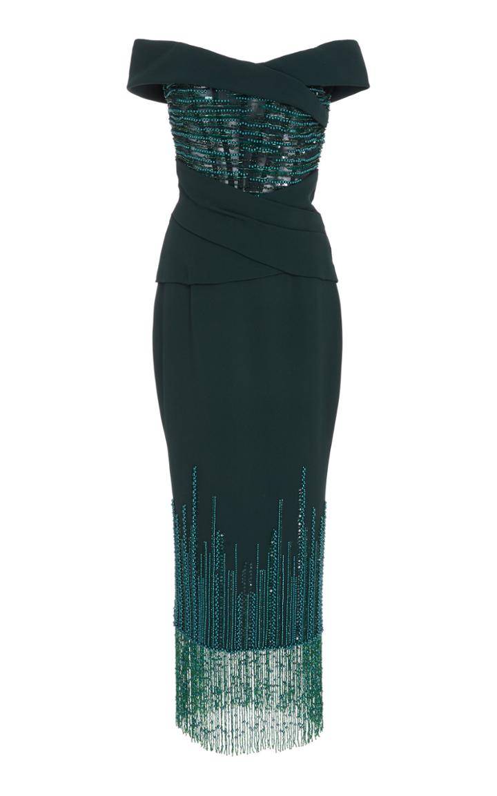 Pamella Roland Stretch Crepe Embroidered Dress