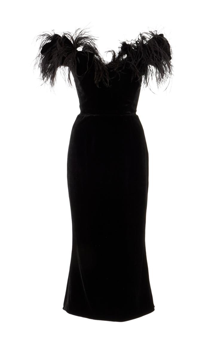 Marchesa Ostrich Feather Off The Shoulder Velvet Dress
