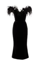 Marchesa Ostrich Feather Off The Shoulder Velvet Dress