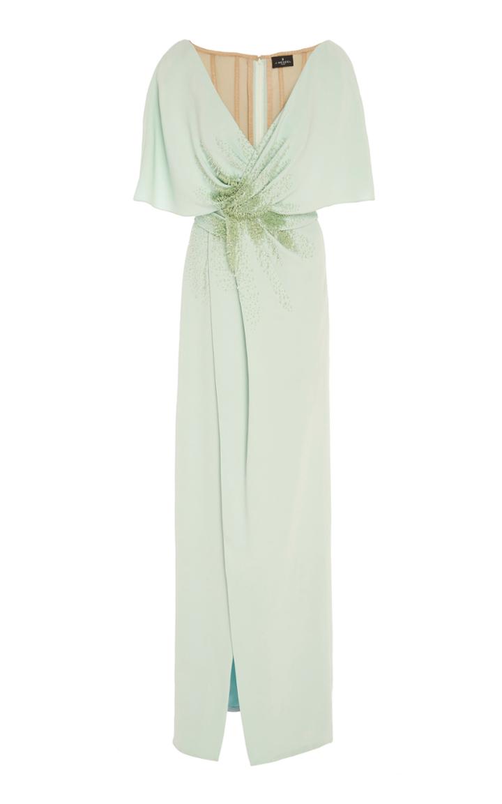 J. Mendel Off Shoulder Embroidered Silk Cape Gown