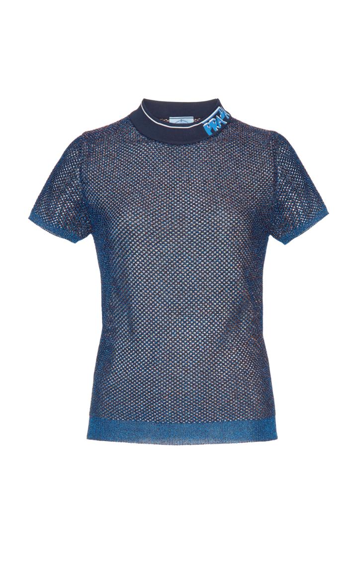 Prada Logo Collar Lurex Mesh Waffle-knit Top