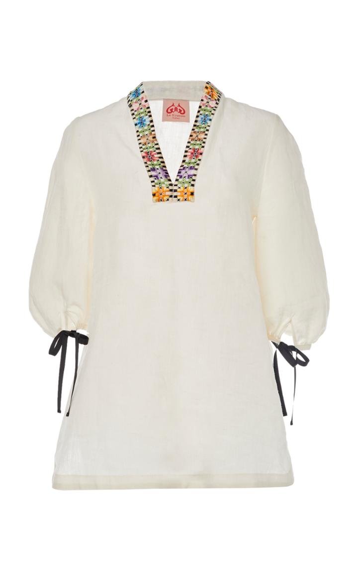 Moda Operandi Le Sirenuse Positano Flower Cheque Serena Embroidered Linen Blouse Siz