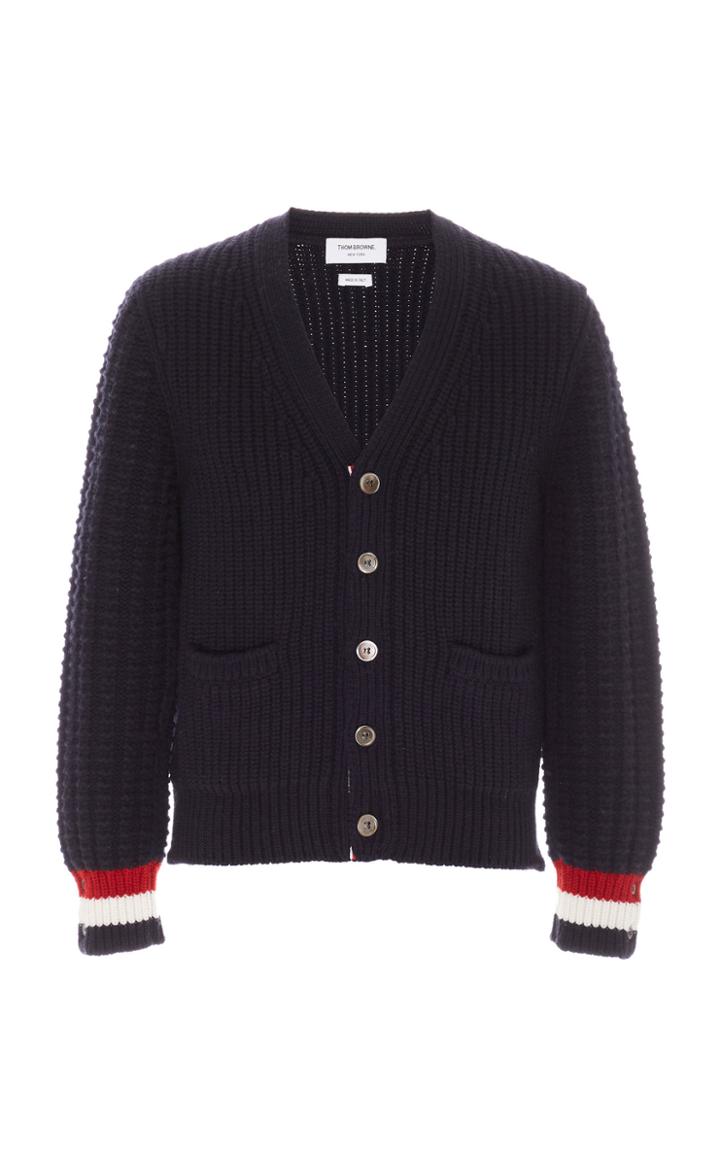 Thom Browne Waffle-knit Striped Wool Cardigan Size: 1