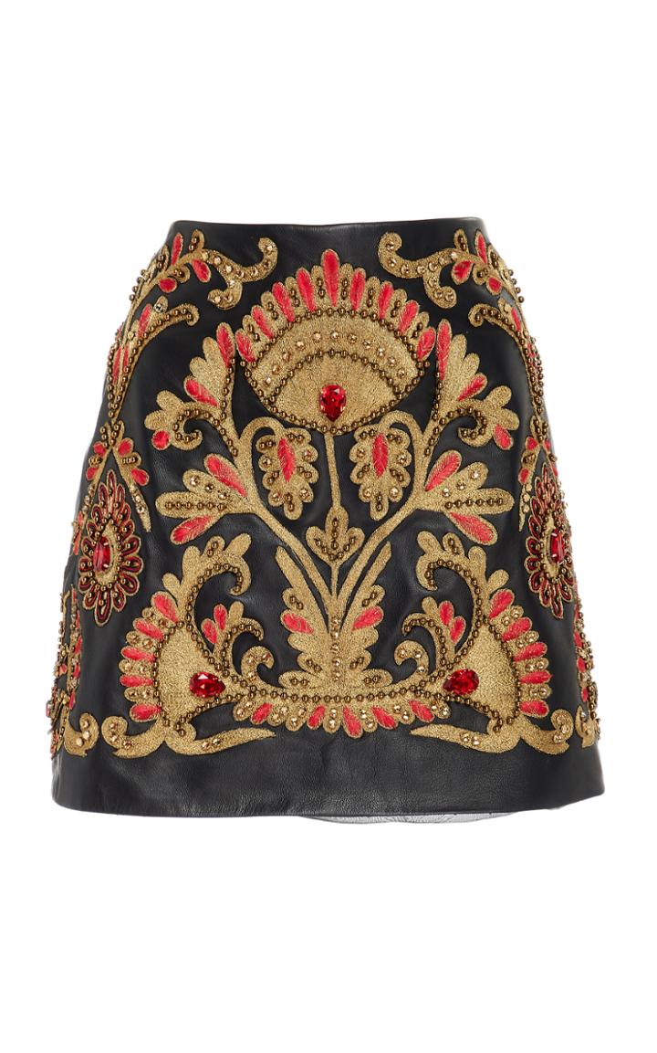 Oscar De La Renta Embroidered Leather Mini Skirt