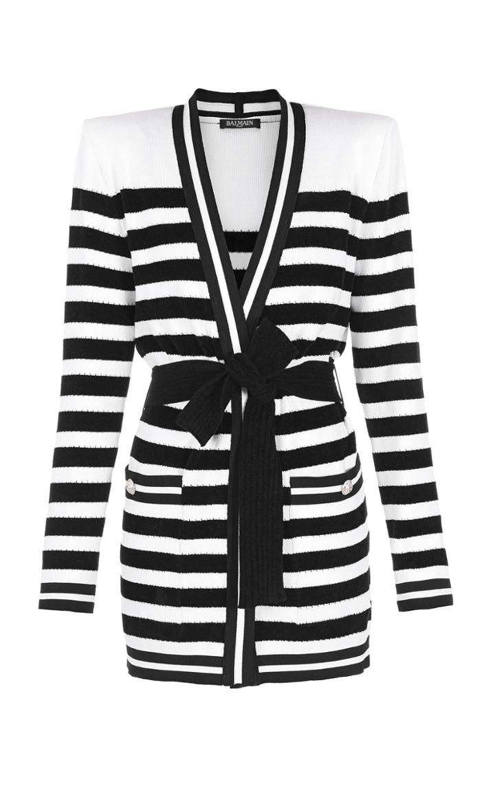 Balmain Belted Velvet Stripe Cardigan