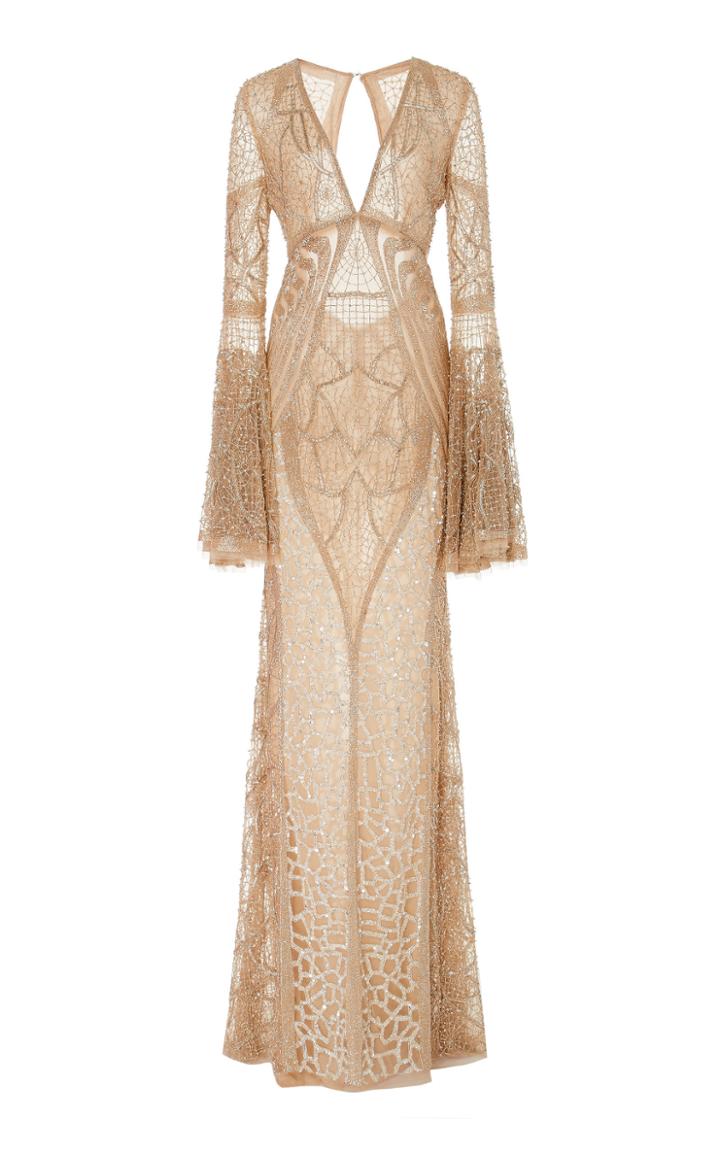 Naeem Khan Bead Embroidered Flared Sleeve Gown
