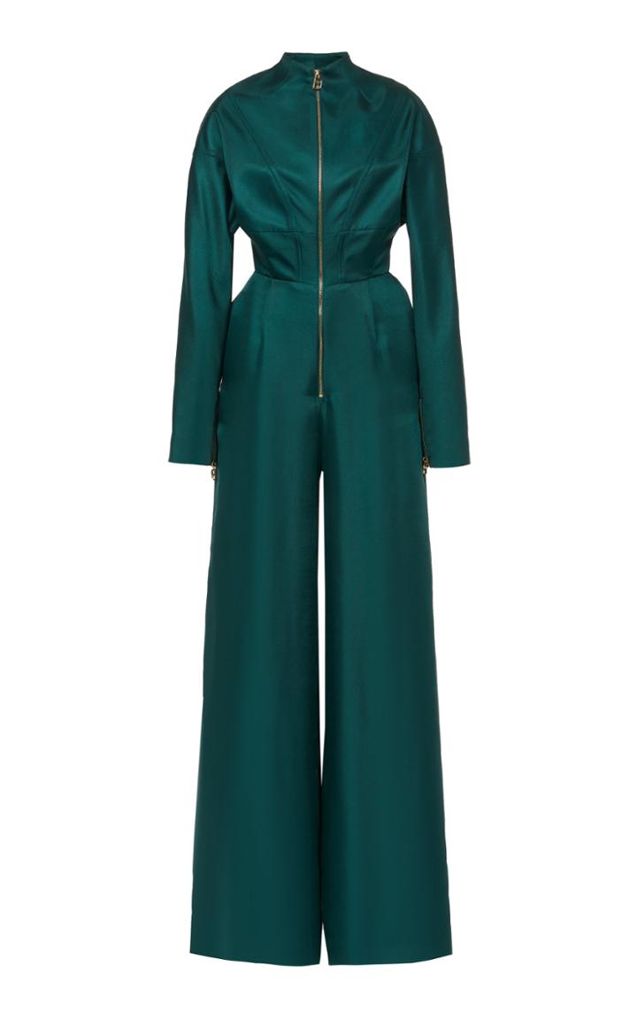 Brandon Maxwell Zip Detail Long Sleeve Silk Jumpsuit
