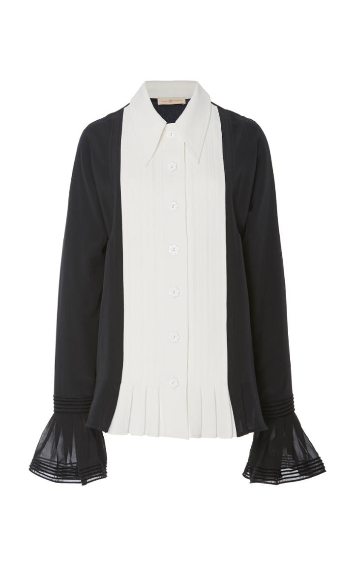 Tory Burch Pleated Two-tone Silk Shirt