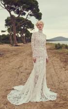 Costarellos Guipure Lace Body-contouring Sheath Gown With Mock-neck & Linear Guipure Lace Trims
