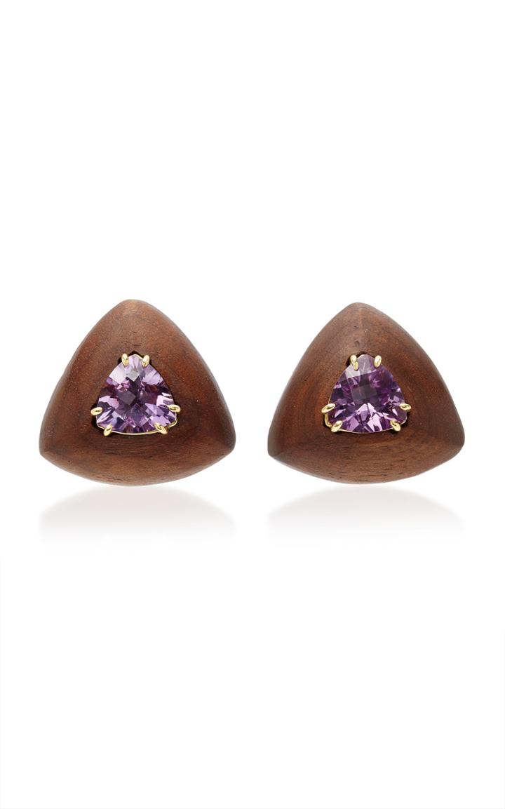 Sorab & Roshi Walnut Wood Triangle Earrings With Pink Amethyst Center