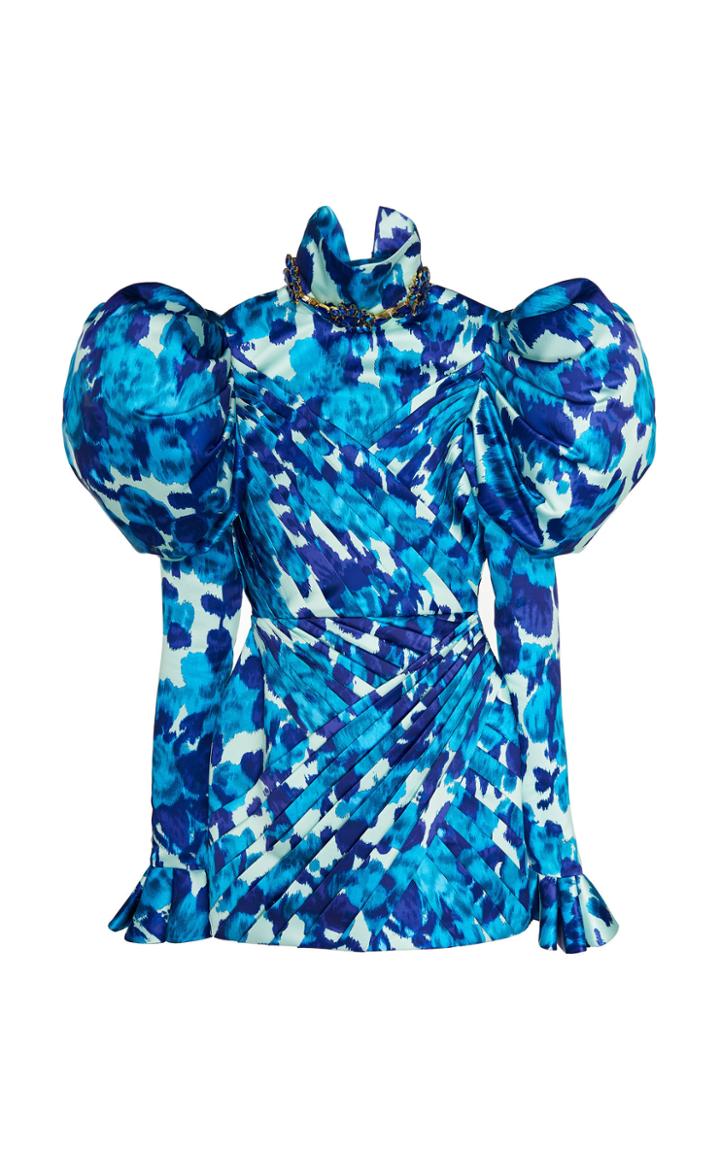 Richard Quinn Jeweled Moire Pleated Mini Dress