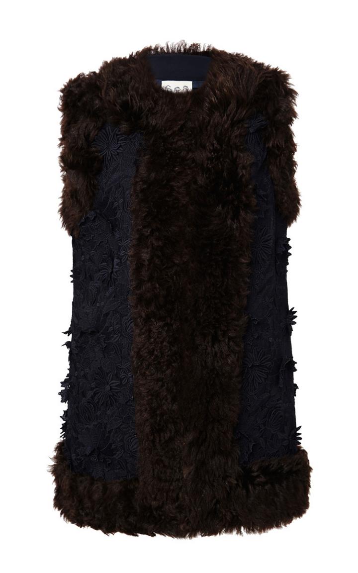 Sea Navy Embroidered Flowers And Shearling Vest
