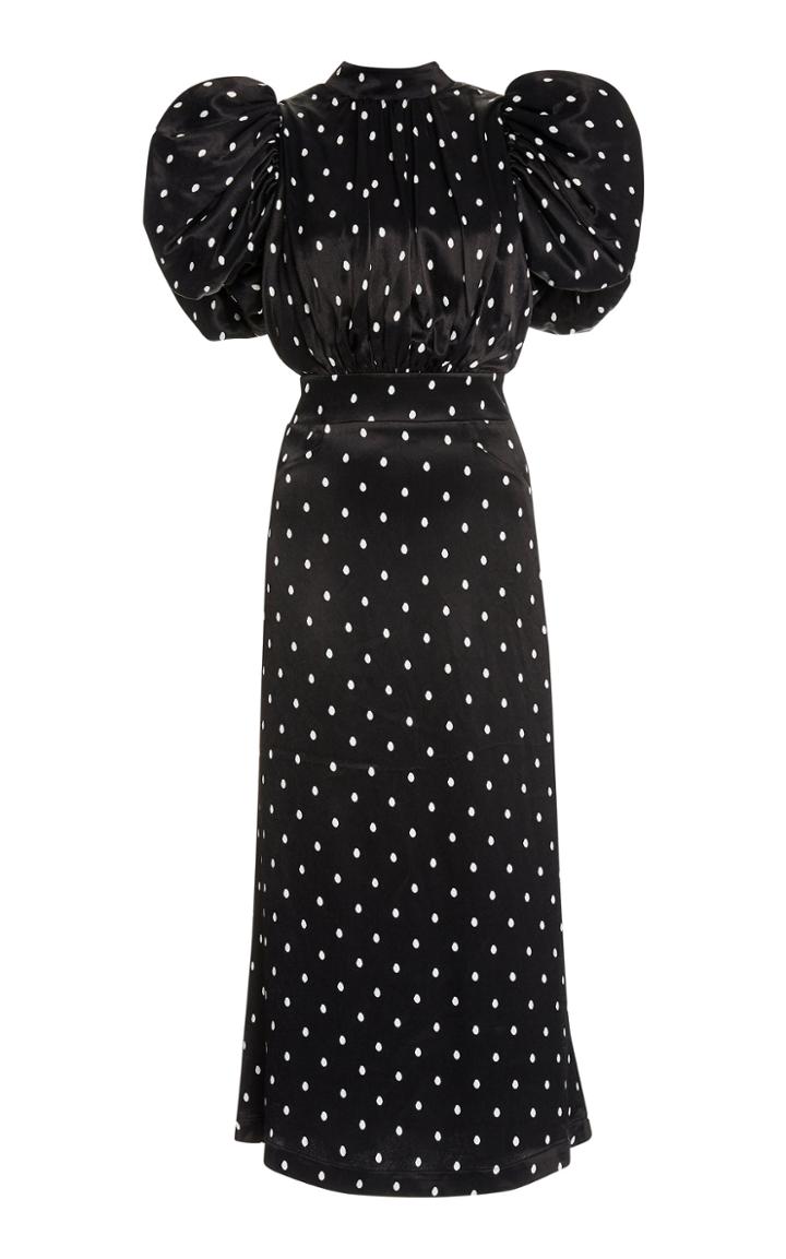 Rotate Dawn Polka-dot Satin Puff-sleeve Midi Dress