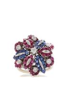 Moda Operandi Eleuteri One Of A Kind Flower Ring Studded With Rubies, Diamonds & Blu