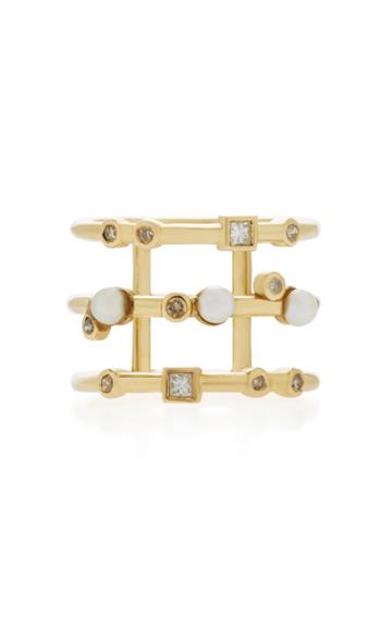 Nancy Newberg Yellow Gold And Pearl 3 Row Ring With Diamonds