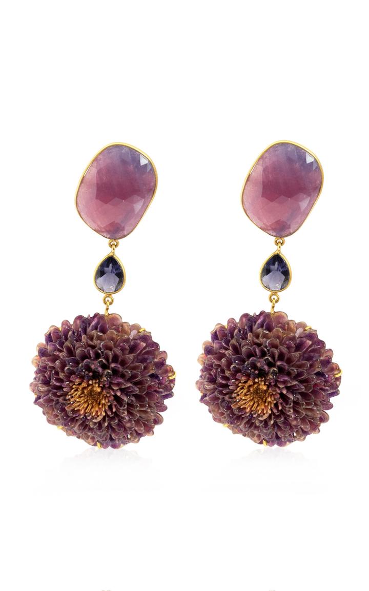 Bahina Real Dahlia, Sapphire, Iolite 18k Yellow Gold Earrings