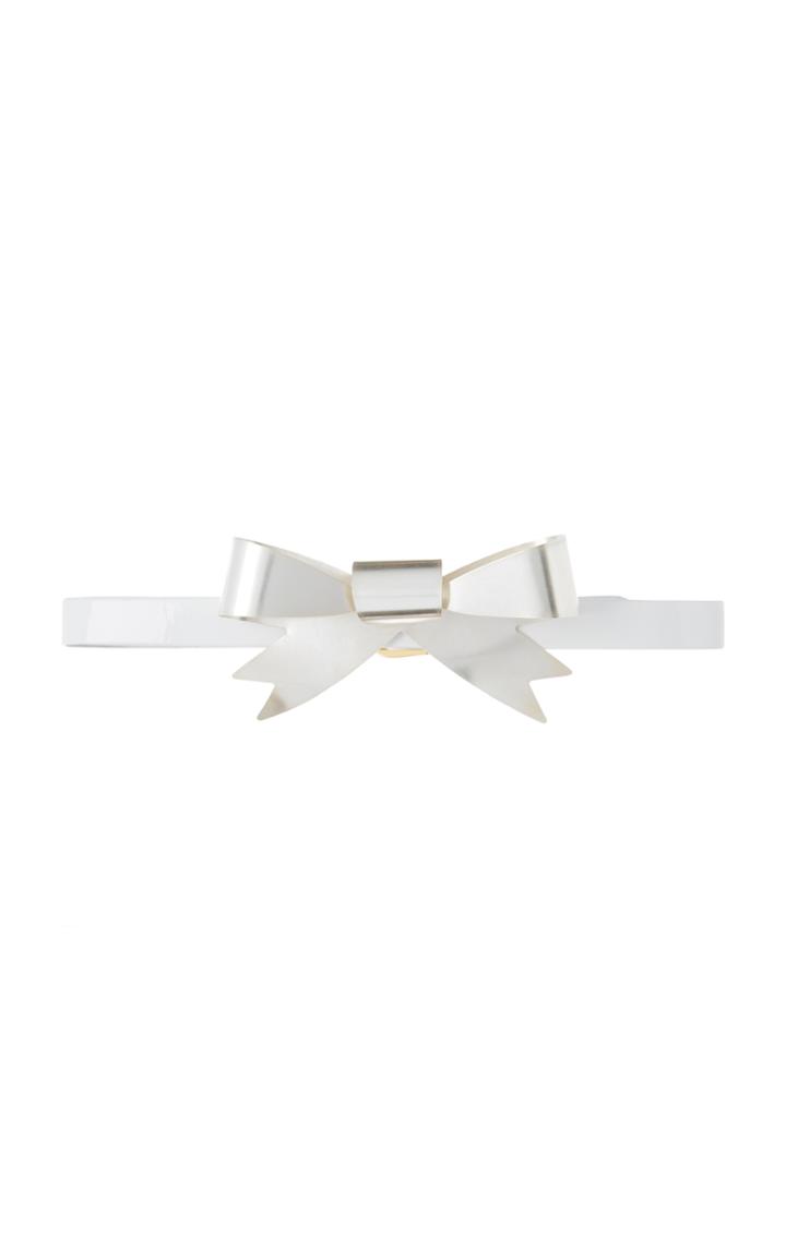 Rodarte White Skinny Patent Leather Waist Belt With Large Silver Bow Ornament