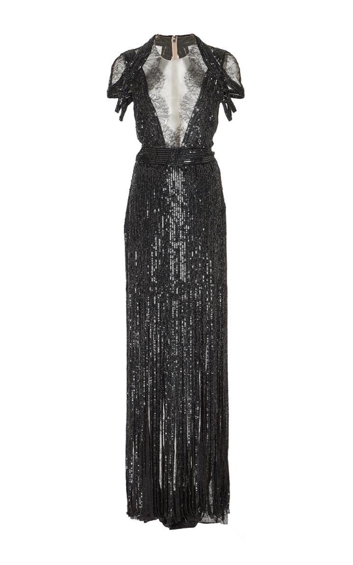 Monique Lhuillier Embroidered Fringe Skirt Gown