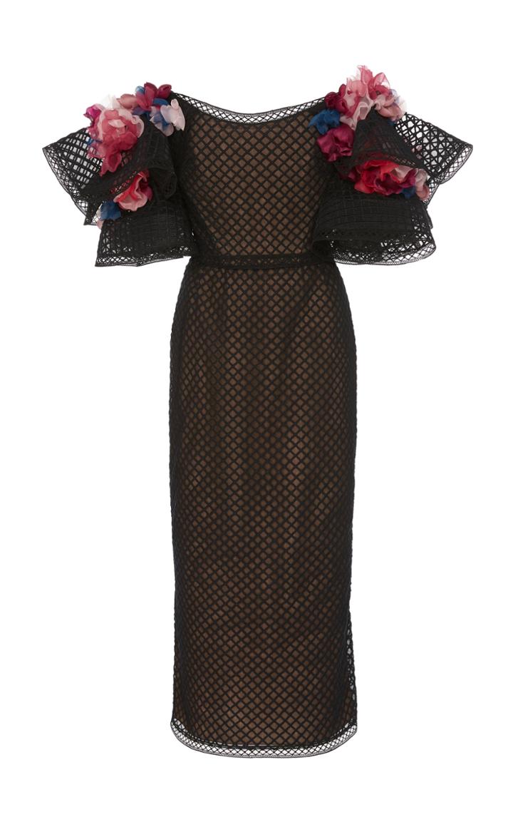 Marchesa Off Shoulder Embroidered Grid Tulle Cocktail Dress