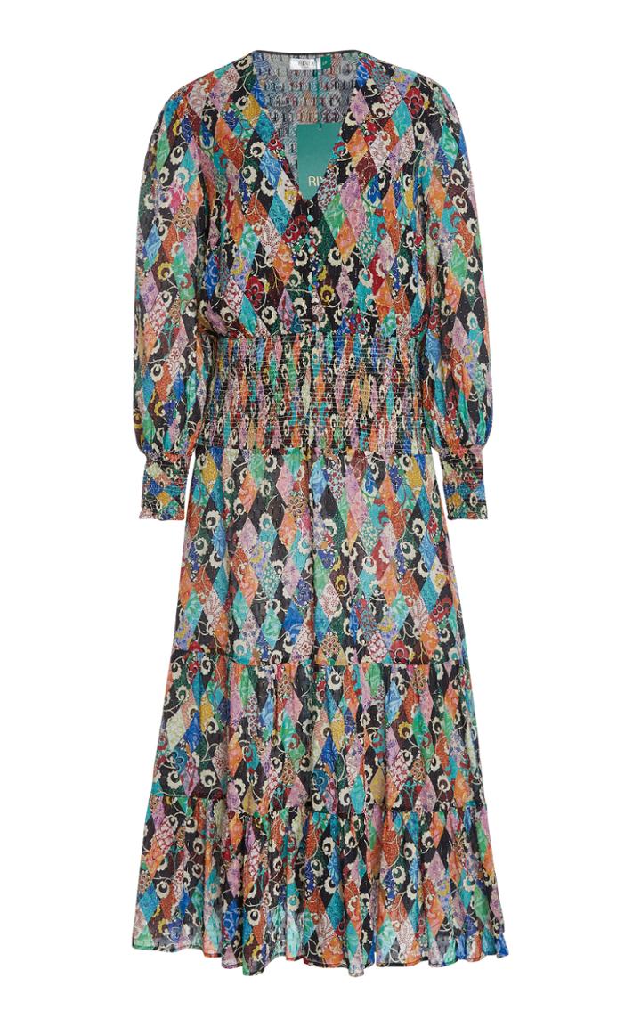 Rixo Maya Smocked Printed Crepe Midi Dress