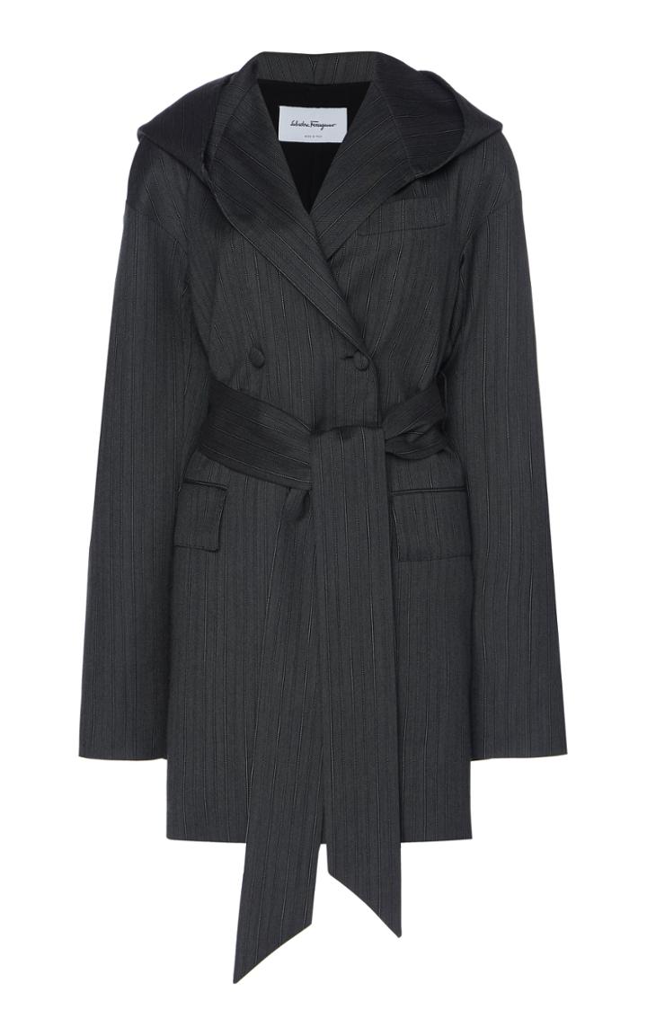 Salvatore Ferragamo Wool Pinstriped Tailored Hooded Jacket