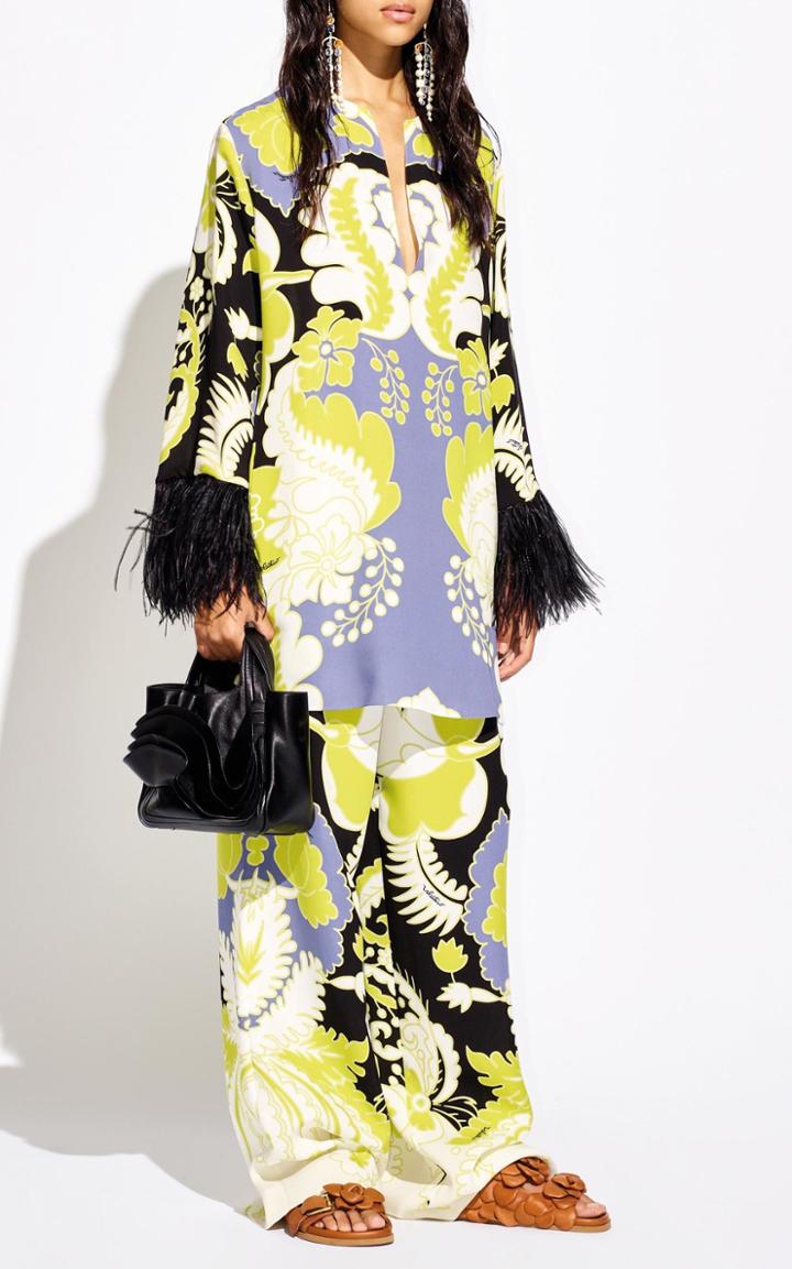 Moda Operandi Valentino Drawstring Printed Silk Cady Wide-leg Pants