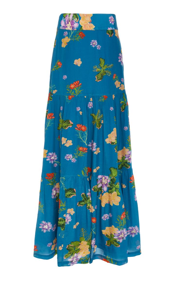 Verandah Hand-beaded Floral Tiered Maxi Skirt