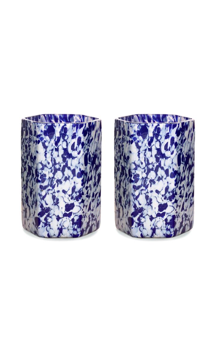 Moda Operandi Stories Of Italy Set Of 2 Hexagonal Msm Ivory/blue Glasses