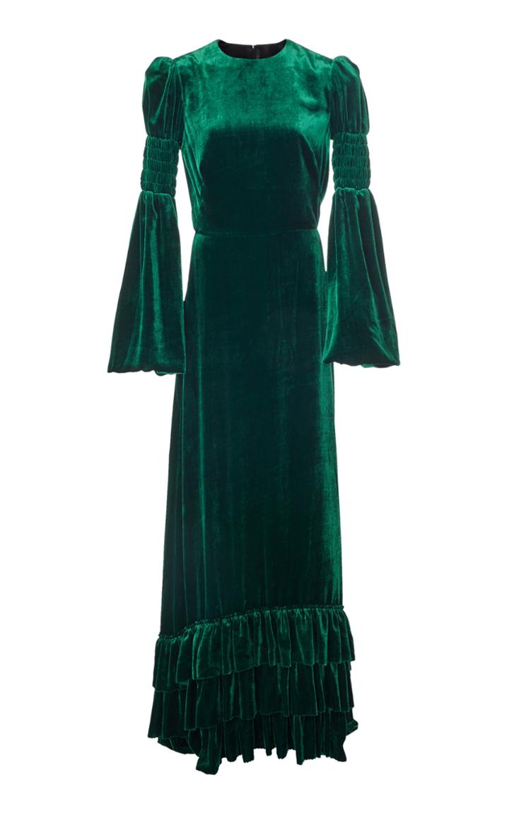The Vampire's Wife Shirred Ruffled Velvet Maxi Dress