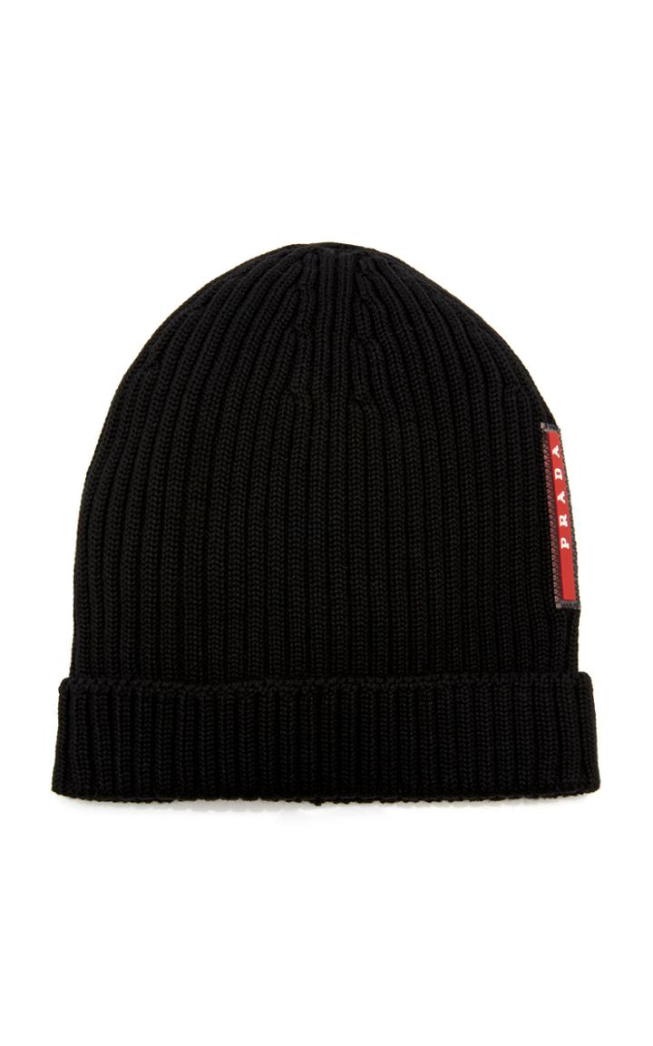 Prada Logo-appliqud Ribbed Wool Beanie