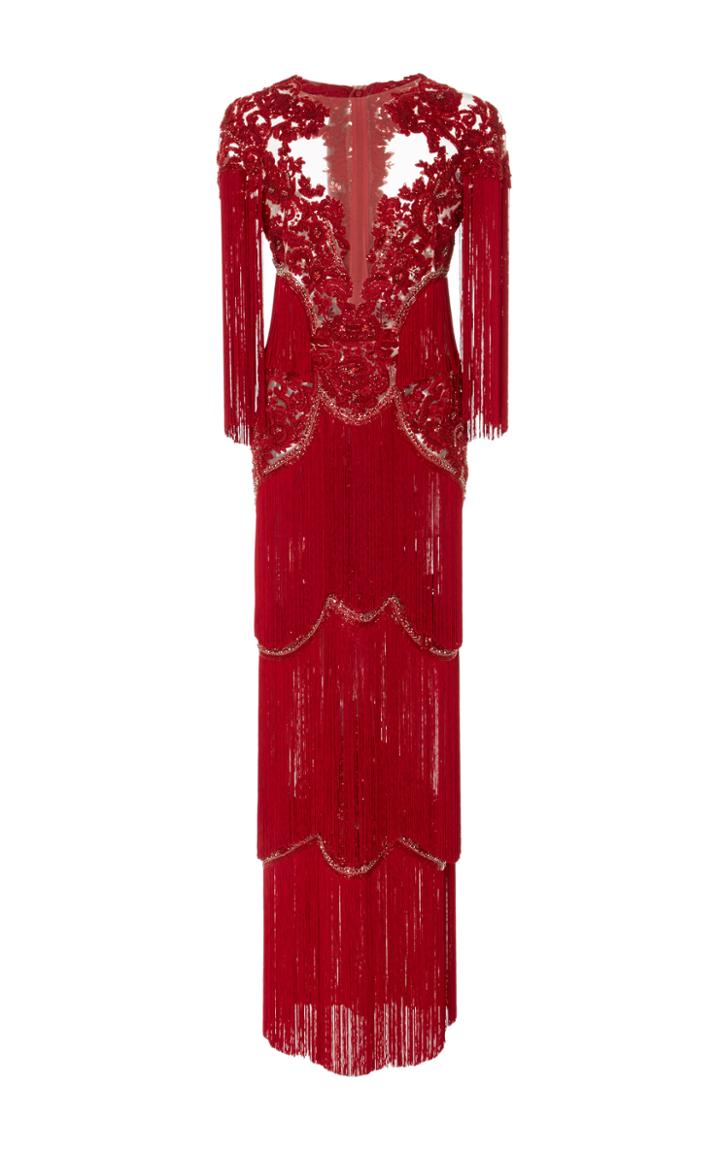 Marchesa Embroidered Tiered Fringe Column Gown