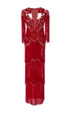 Marchesa Embroidered Tiered Fringe Column Gown