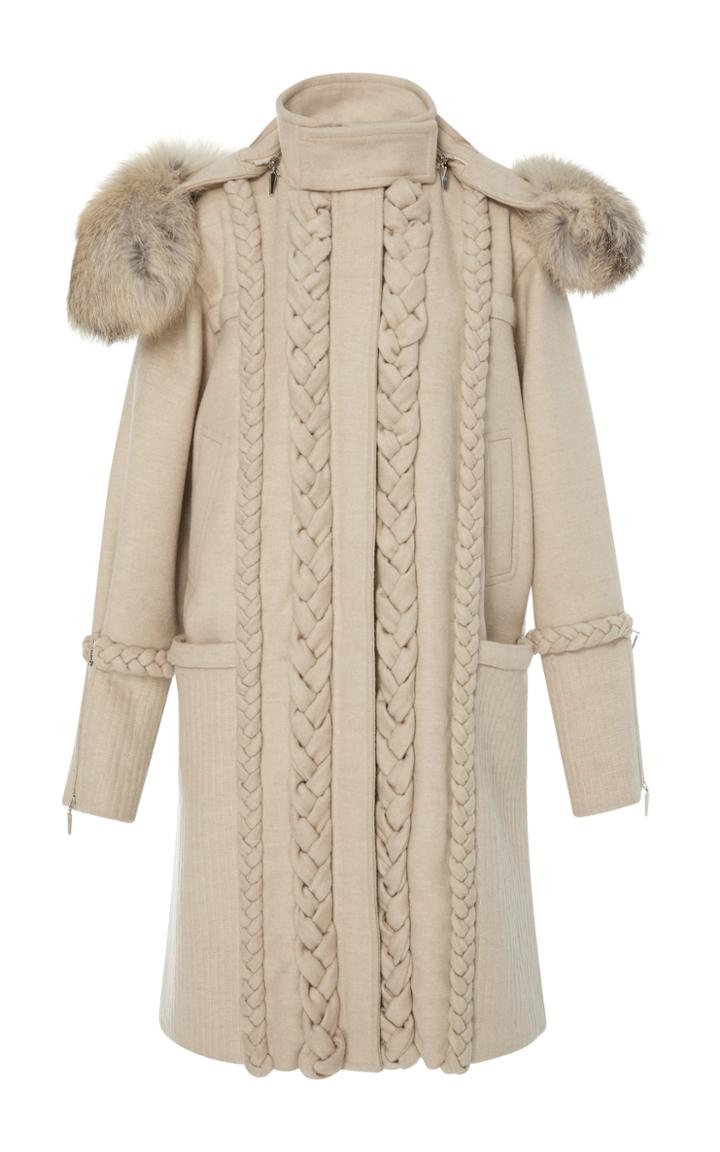 Prabal Gurung Braid Embroidered Wool Coat With Golden Fox Fur