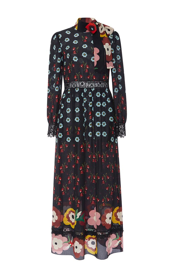 Red Valentino Flowers Border Crepe De Chine Dress