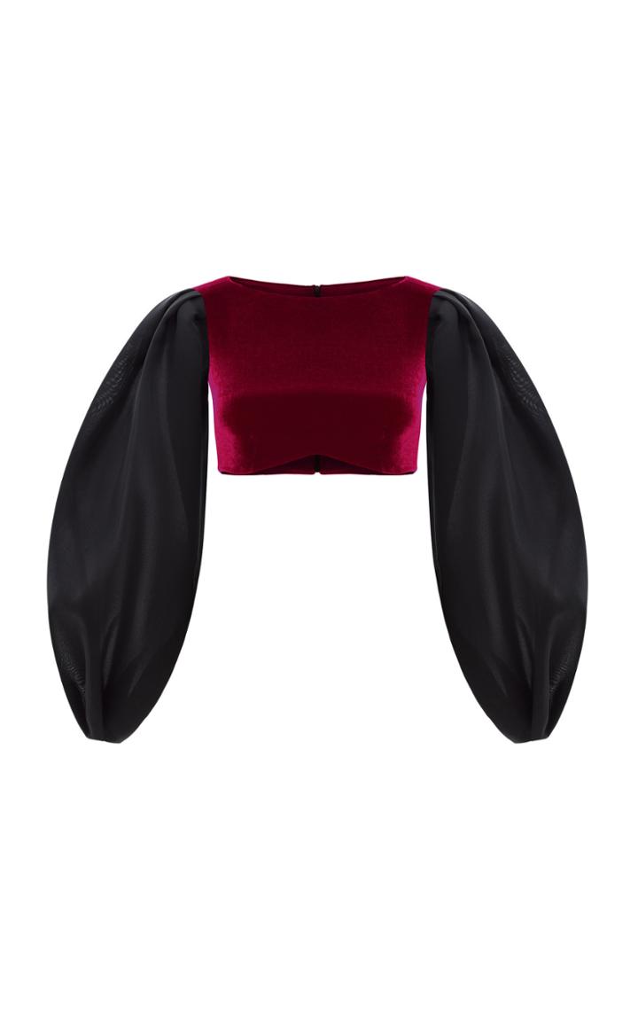 Rasario Puffed Sleeve Satin And Velvet Crop Top