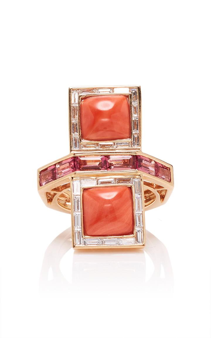 Wendy Yue 14k Rose Gold Coral Tourmaline And Diamond Ring