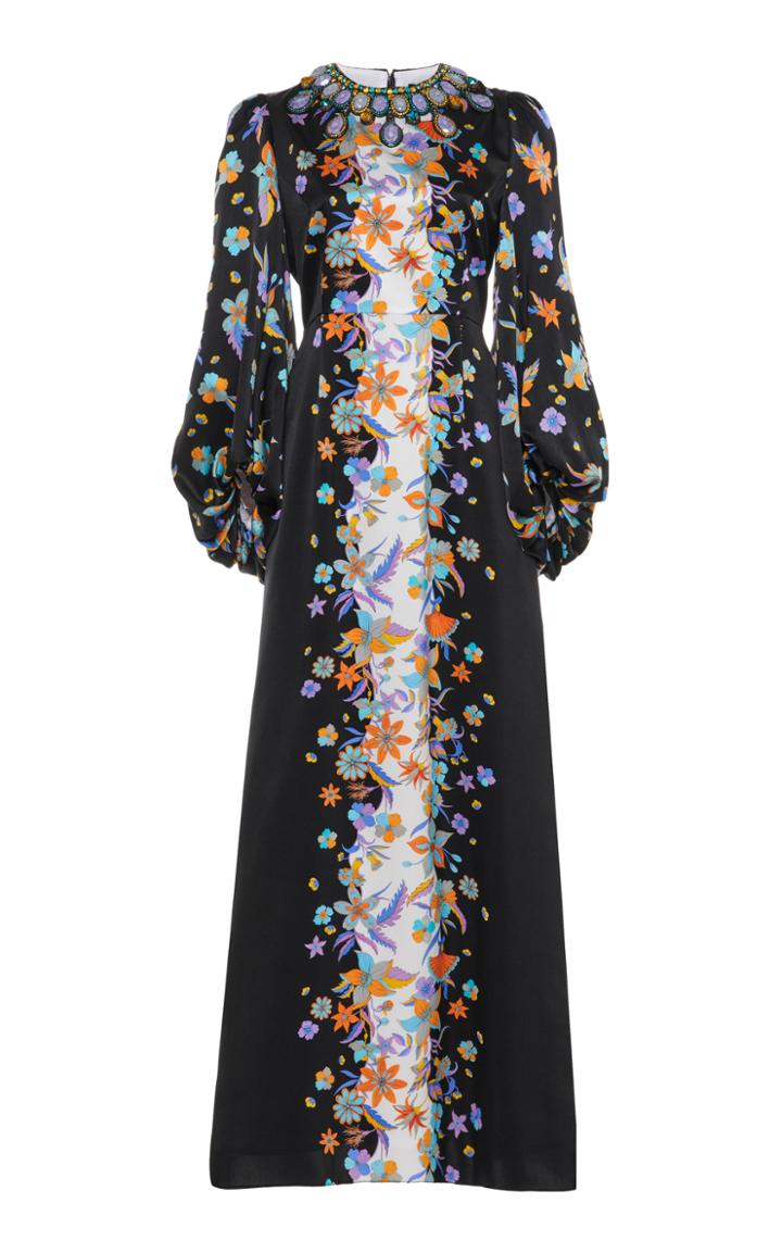 Moda Operandi Andrew Gn Embellished Printed Silk Balloon-sleeve Maxi Dress