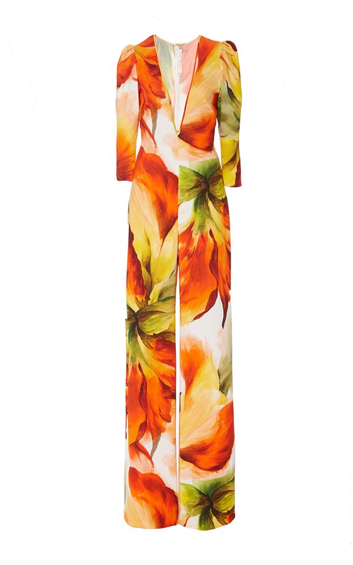Naeem Khan Plunging V-neck Cuff Sleeve Jumpsuit