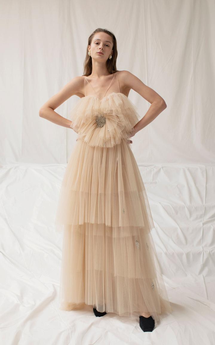 Moda Operandi Sandra Mansour Sahar Hand Embroidered Sunflower Tulle Long Dress