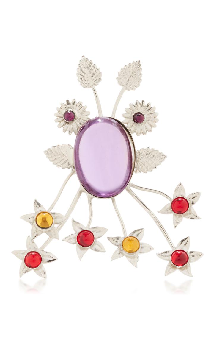 Rodarte Nickel Floral Burst Ring With Amethyst Glass Cabochon Details