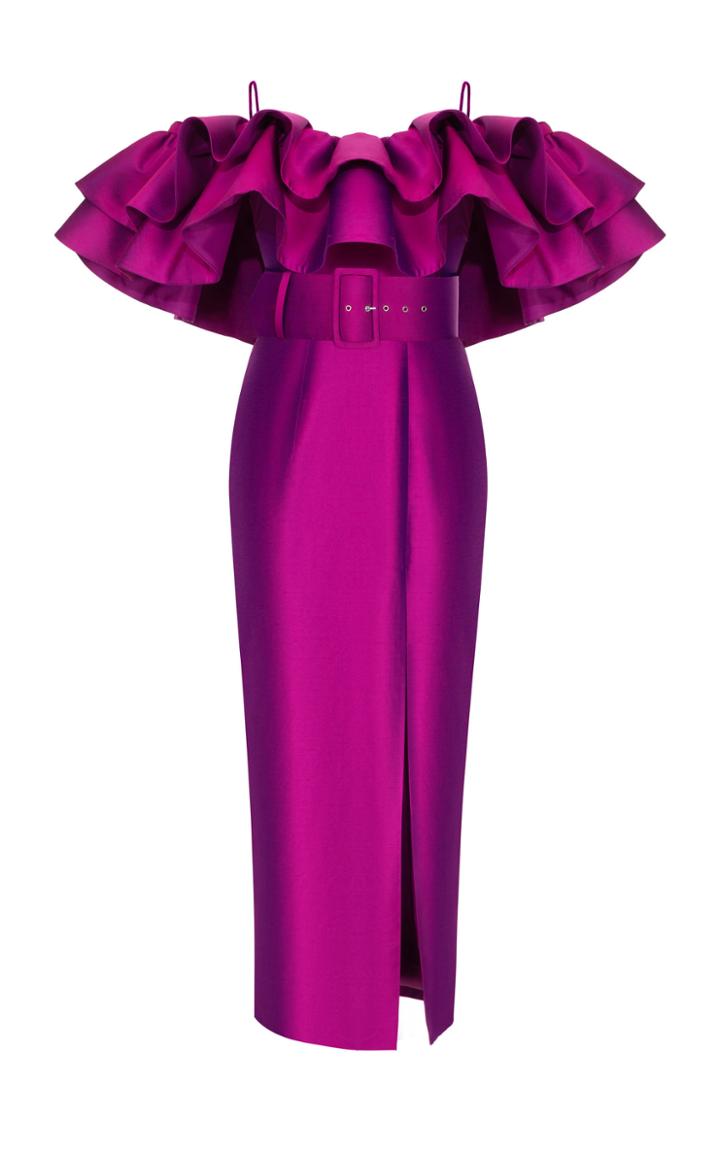 Rasario Ruffled Off-the-shoulder Silk Satin Dress