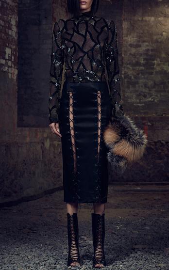 Sally Lapointe Stretch Leather Lace Up Skirt