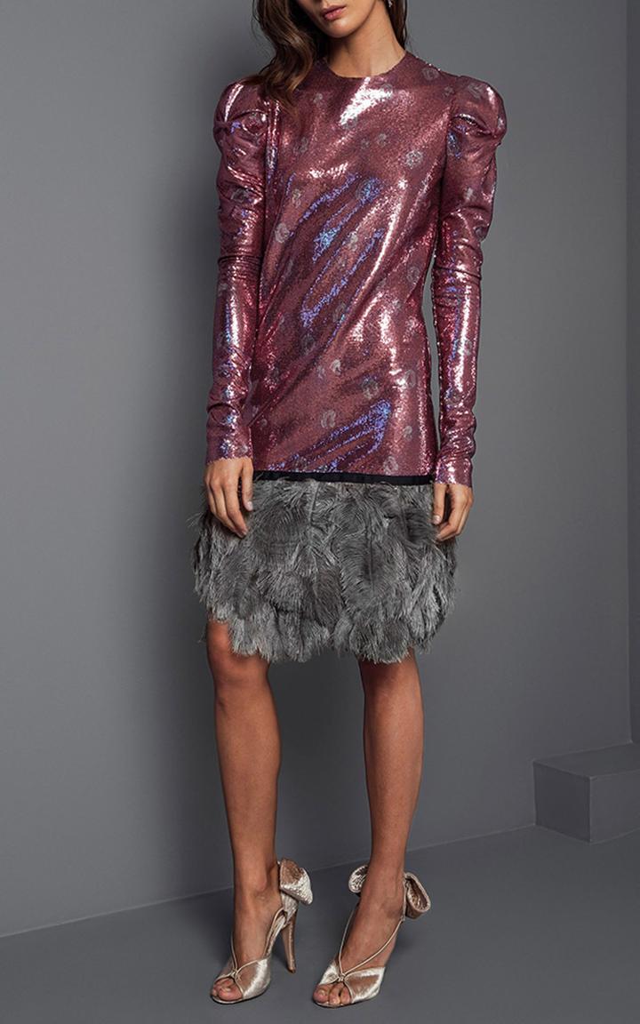 Johanna Ortiz Aurora Feather Hem Sequin Dress
