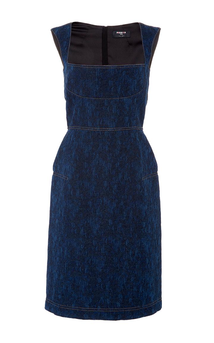 Paule Ka Sleeveless Denim Jacquard Dress With Top Stitch Detail