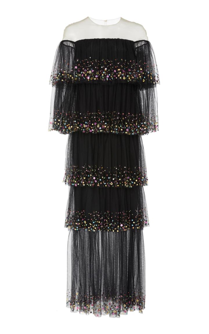 Monique Lhuillier Sequined Tiered Cap-sleeve Tulle Gown