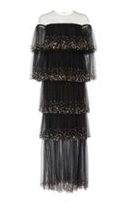 Monique Lhuillier Sequined Tiered Cap-sleeve Tulle Gown